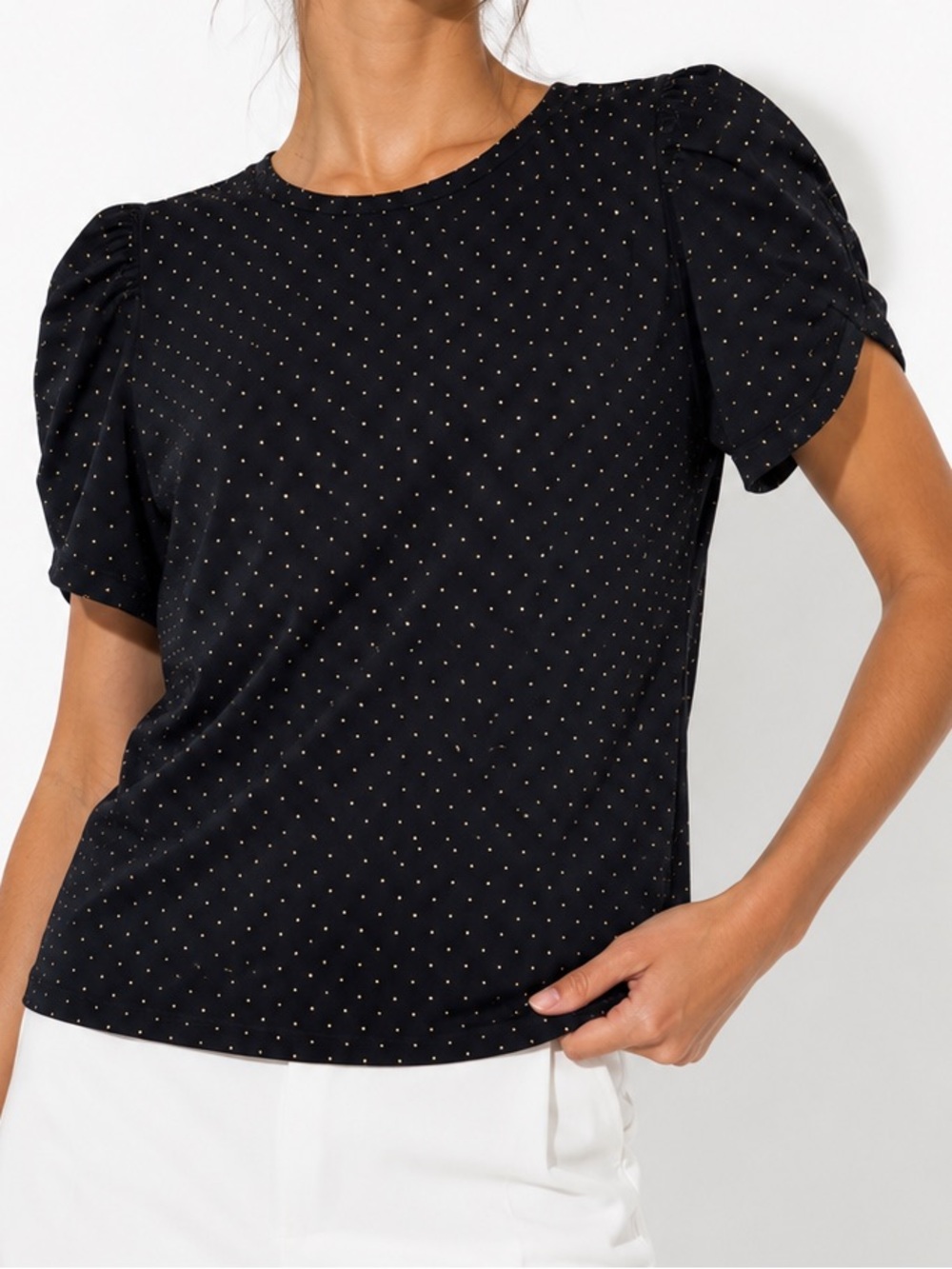 MICHAEL KORS Black & Gold Studded Tulip Puff-Sleeve Short Sleeve Top Blouse